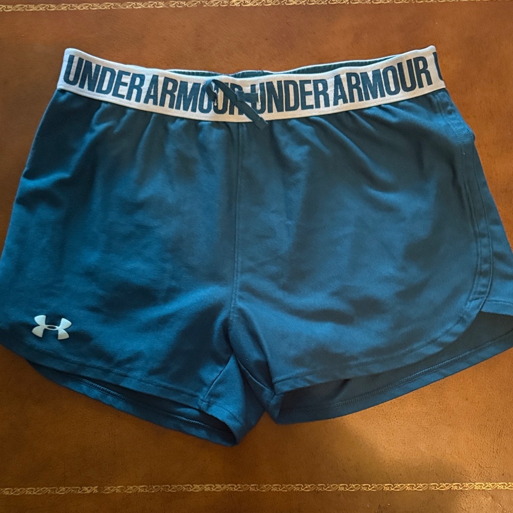 Under Armour Women's Teal Blue Athletic Shorts with Logo Waistband